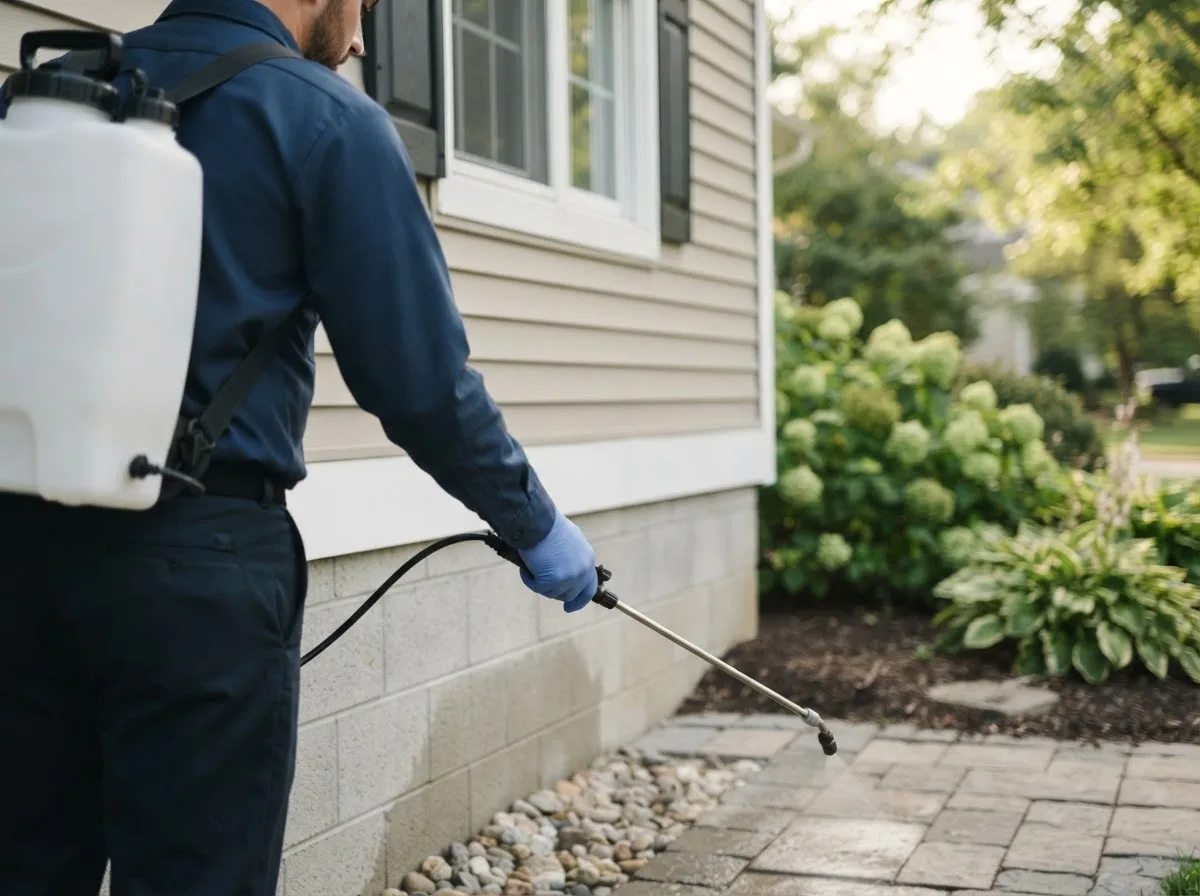 Pest control technician inspecting a home in Alger, MI